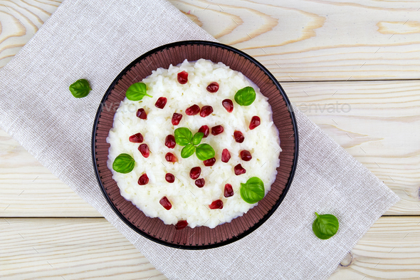 Curd rice, a popular dish from South India with rice, yogurt, spices and pomegranate.