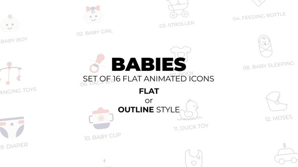 Mother's day - Babies - Set of 16 Animated Icons Flat or Outline style Elements template preview