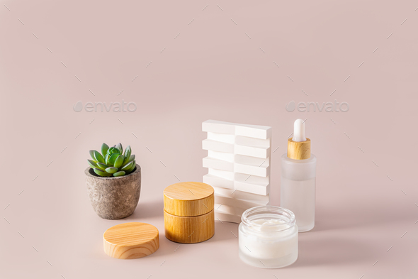 a set of cosmetics for the careand body . eco cosmetics in bottles with bamboo lid.
