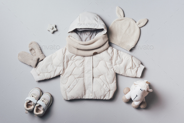 Fashion children's clothing, shoes - hooded puffer jacket, knitted hat, scarf, boots, sheep toy