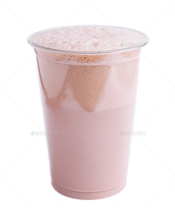 Strawberry milkshake in plastic takeaway cup isolated on white