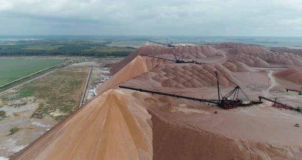 Salt Piles, Aerial View of Industrial Quarries, Conveyor in Salt Pits, Mining of Salt, Conveyor Line alt