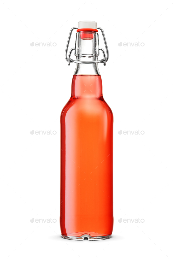 Glass transparent swing bottle with red low alcohol or soft drink