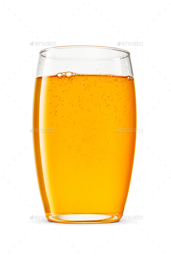 Glass of orange soda soft drink isolated on white background. Stock