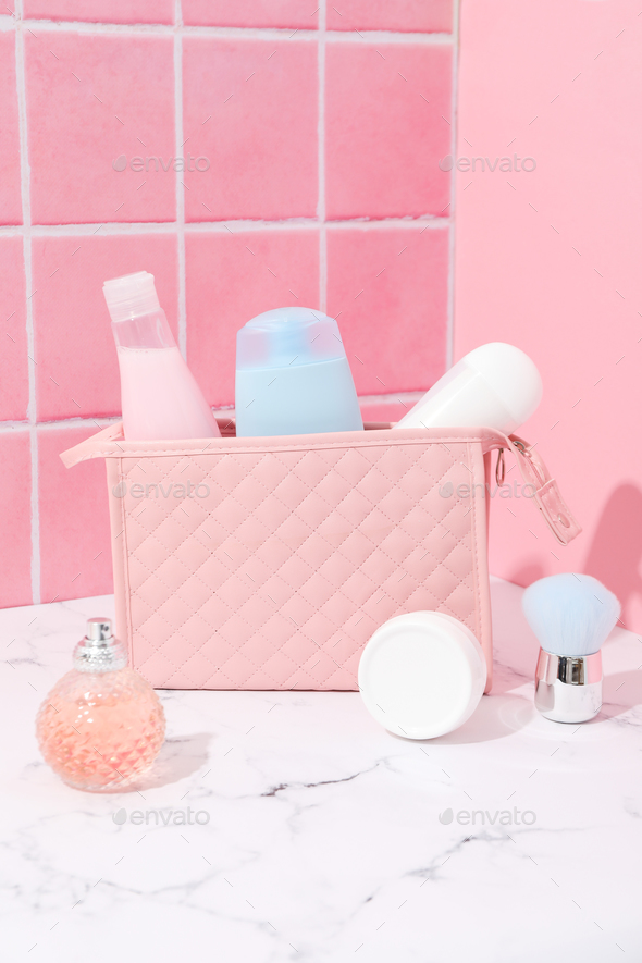 Toilet bag for different toilet and self care accessories Stock Photo