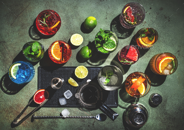 Cocktails Set On Rusty Green Bar Counter, Top View. Mixology Concept ...