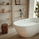 Soft native hues organic shapes look of bathroom with big window oval bathtub in neutrals tones - PhotoDune Item for Sale