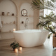 Luxury interior of big bathroom at modern african style with oval bathtub in natural lighting - PhotoDune Item for Sale