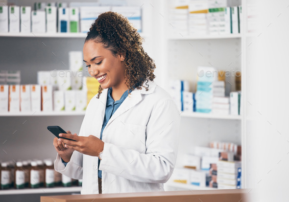 Pharmacist, phone or happy woman texting in pharmacy to contact, email communication or reading cha