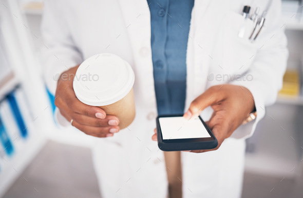 Pharmacist, phone or hands of person with coffee texting in pharmacy to contact email or online cha