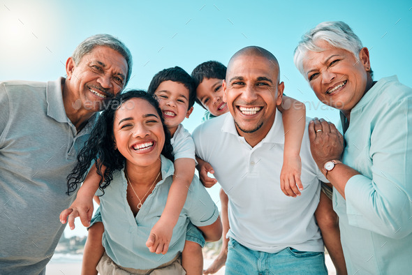 Family, happy and portrait at beach for summer with children, parents ...