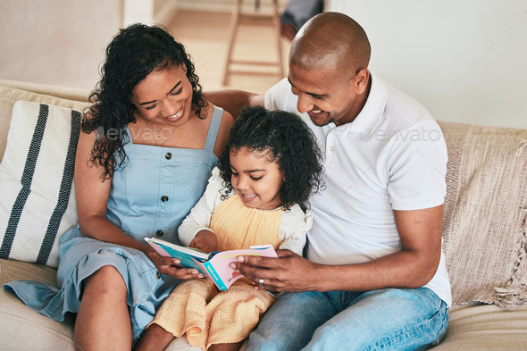 Happy family, parents or child reading story book, cartoon comic books and bonding with mom, dad an