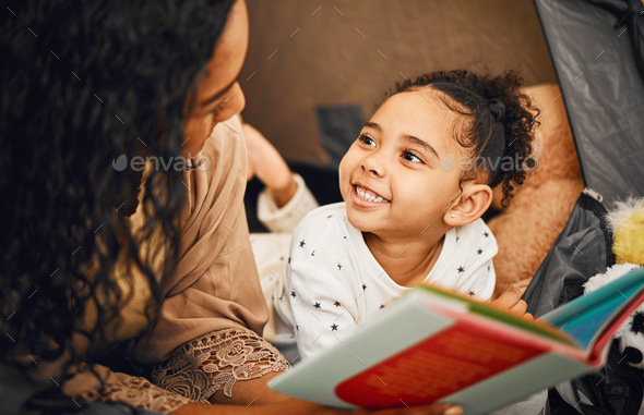 Happy family, mother or child reading story book, cartoon comic books and bonding with mom, mama or