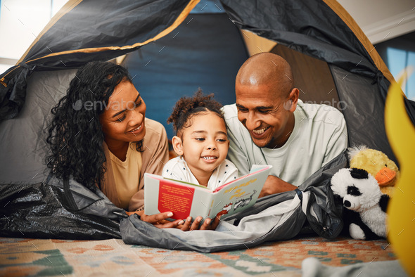 Home, camping and child reading story book, cartoon comic books and bonding with mother, father or