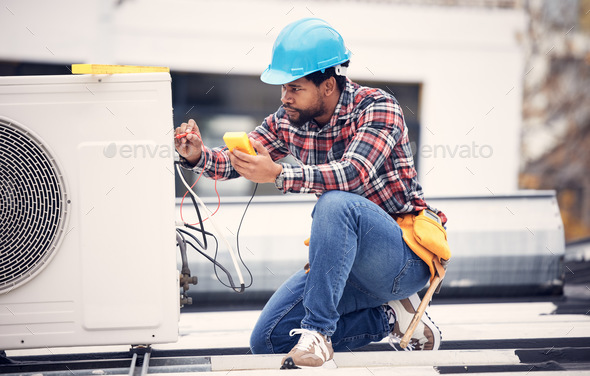 Air conditioner, cables and technician man ac repair, maintenance or working on electrical power ge