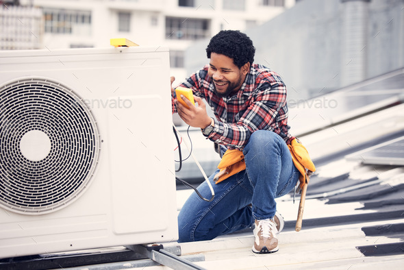 Air conditioner, happy and technician man ac repair, maintenance or inspection of electrical heat p