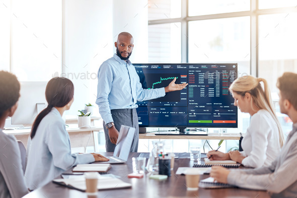 Black man, trading coach and screen with stock market dashboard, meeting with business people and t