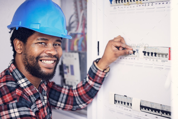 Black man in portrait, electrician and electricity fuse box, check power supply with maintenance on