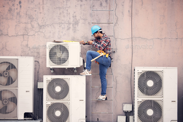 Black man, ac repair and technician, maintenance with engineering and fixing air conditioner with t
