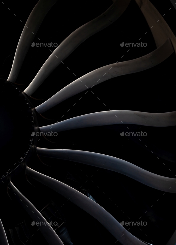 Turbine blades of an aircraft jet engine. Close up Turbines Engine ...