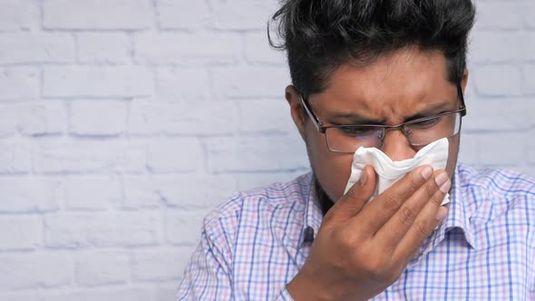 Portrait of Sick Man Sneezes and Coughs alt