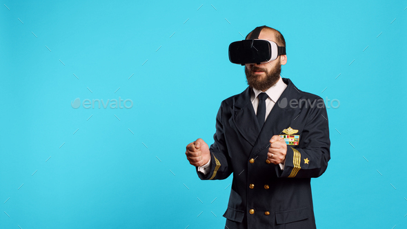 Professional aviator using vr glasses to land airplane,