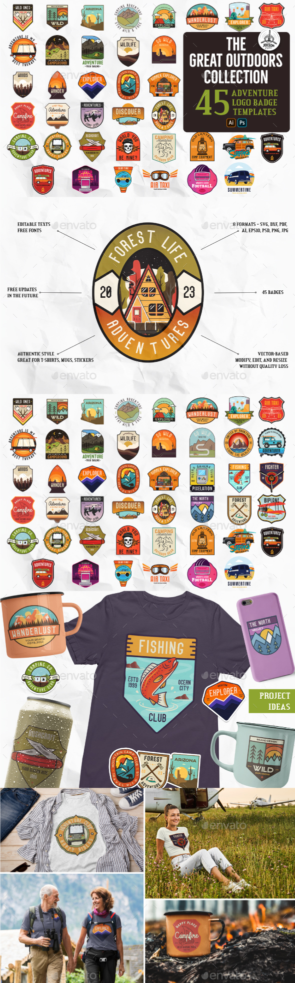 GR590 Preview of The Great Outdoors Badges featuring 45 camping adventure designs