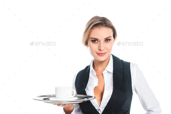 Blonde Attractive Waitress In Uniform Holding Tray With Cup And Saucer