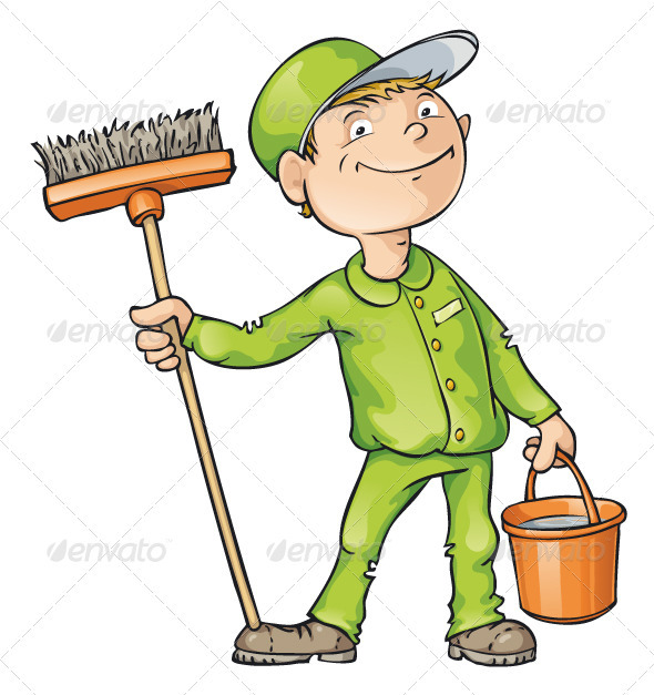 Cleaner Holding a Brush and Bucket - People Characters