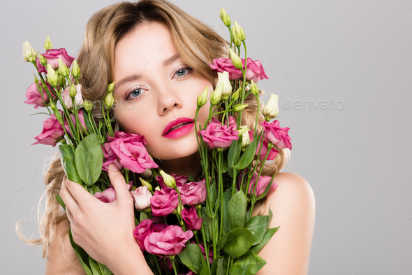 Naked Beautiful Spring Young Woman Embracing Bouquet Of Eustoma Flowers Isolated On Grey Stock 