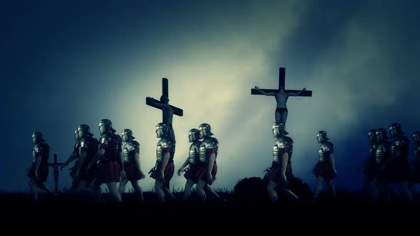 Roman Soldiers Passing By Crucified Victims alt