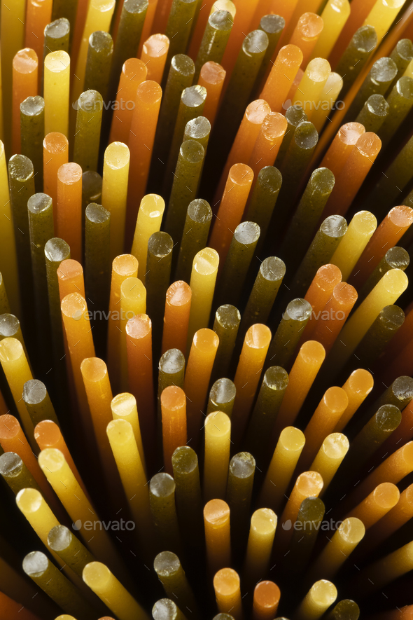 Spaghetti tricolore close up full frame seen from above Stock Photo by ...