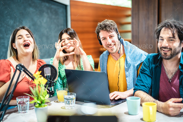 Young trend marketer people sharing content on streaming platform with web camera - Stock Photo - Images