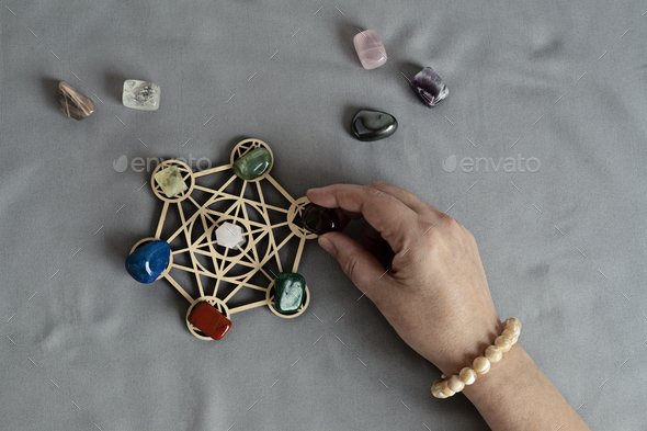 Healing chakra crystal grid therapy. Rituals with gemstones for wellness, healing, meditation