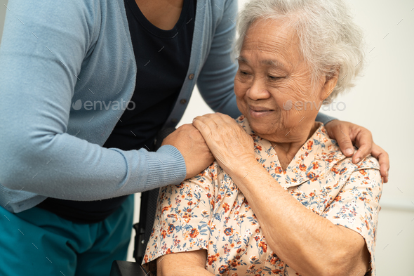 Caregiver Help Asian Elderly Woman Patient With Love, Care, Encourage ...