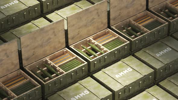 Opened military box with RPG projectiles and rifle ammunition. Endless stack. 4K alt