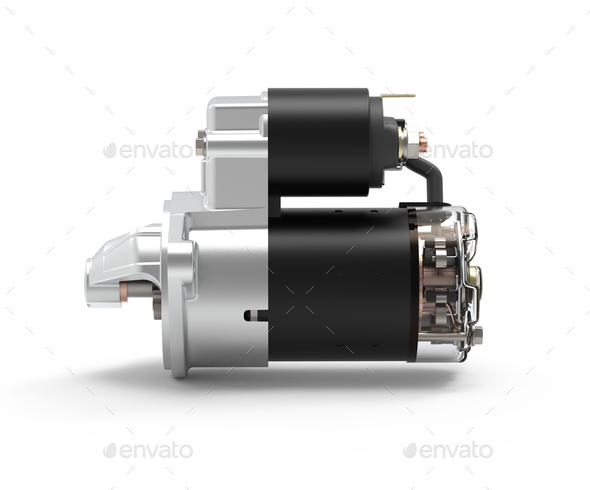 An automobile starter motor with transparent cover to view brushes.