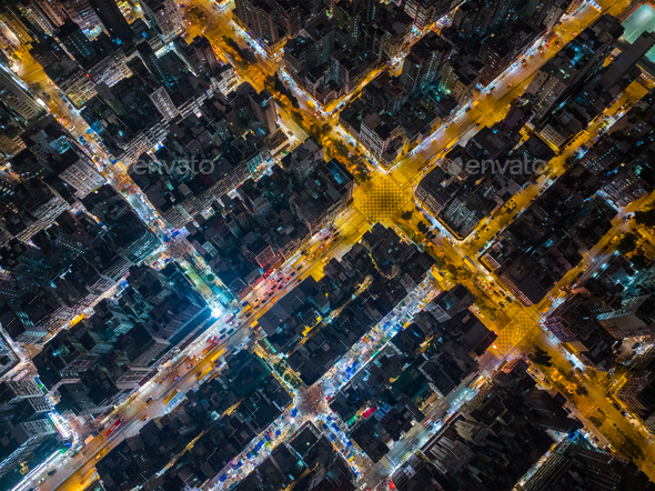 Top down view of Hong Kong city at night - Stock Photo - Images