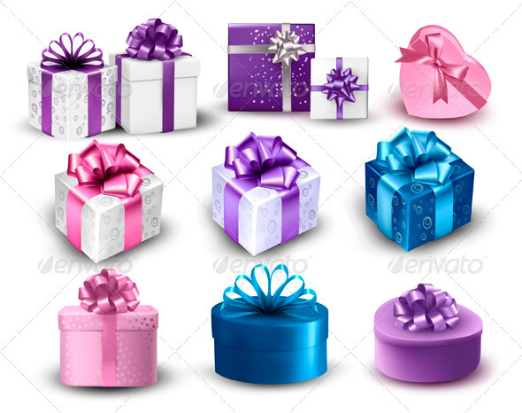 Set of Colorful Gift Boxes with Bows and Ribbons - Man-made Objects Objects