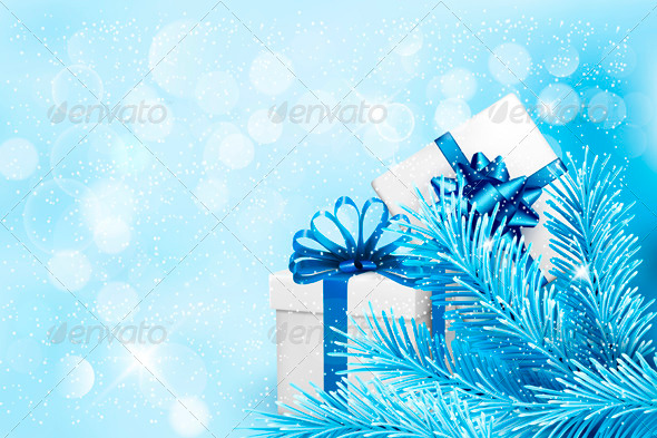 Holiday Blue Background with Gift Boxes - Christmas Seasons/Holidays