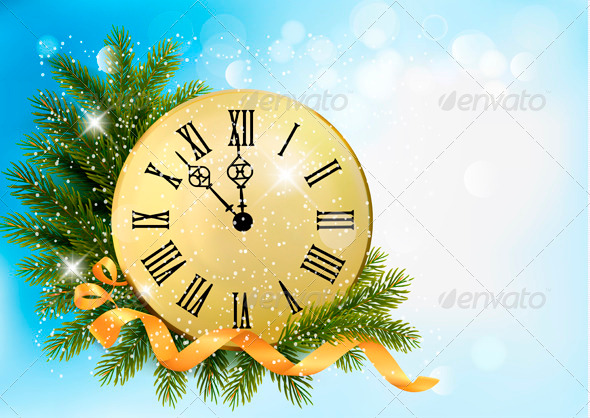 Holiday Background with Tree Branches and Clock - New Year Seasons/Holidays