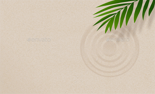 Zen sand pattern with palm leaves,Zen Garden with circles lines on sandy background