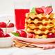 Belgian waffles with strawberries, apricots, cherries, juice - PhotoDune Item for Sale
