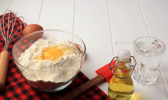 Checkered Pattern for Baking Background with Basic Baking Utensil and Ingredients.  - Stock Photo - Images