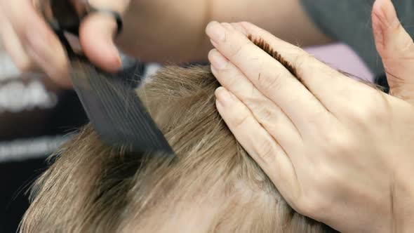 Barber Cutting Blond Short Boy's Hair with Scissors
