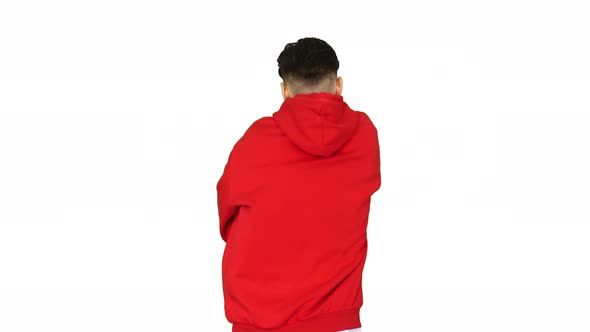 Young Man Dancing Hip-hop Doing Waves on White Background. alt