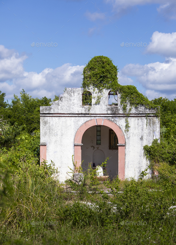 Abandoned church overgrown with vines on the island of Cozumel, Mexico. - Stock Photo - Images