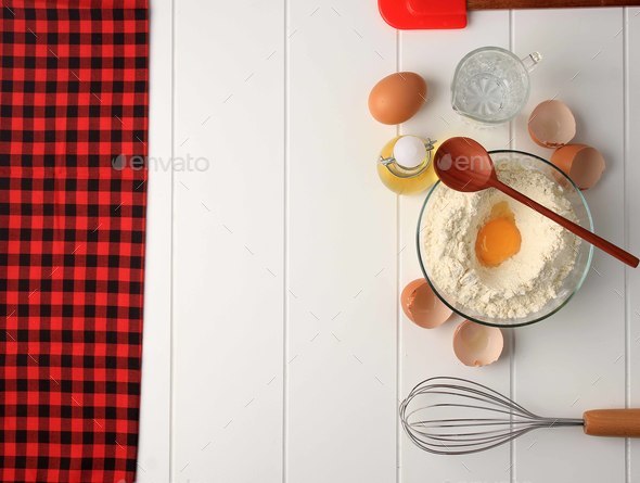 Checkered Pattern for Baking Background with Basic Baking Utensil and Ingredients. - Stock Photo - Images
