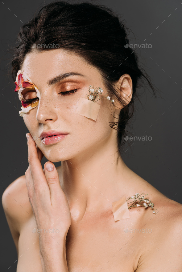 Beautiful Tender Nude Girl With Closed Eyes And Flowers On Face