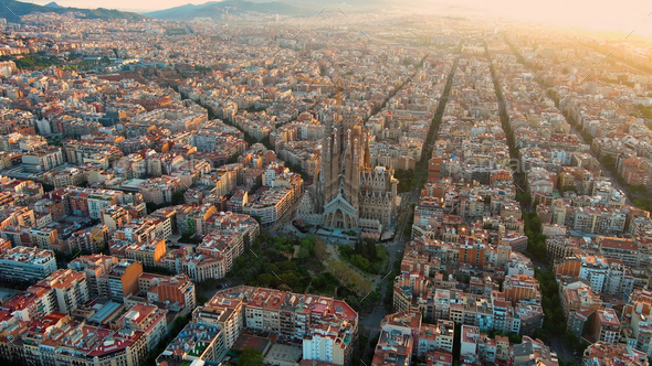 Bird's-eye Perspective of Barcelona Skyline, Sagrada Familia Cathedral ...